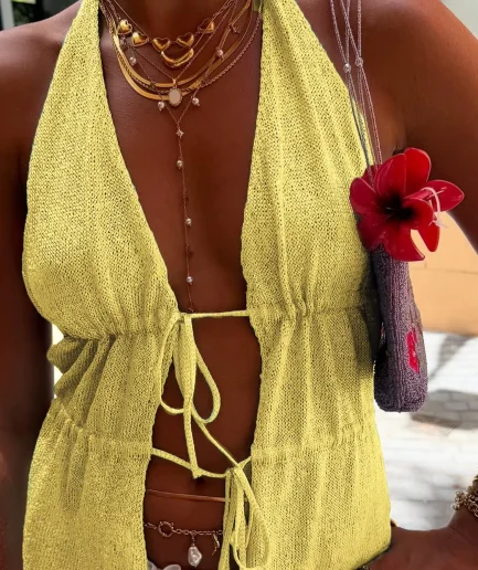 Women's Spring and Summer Y2K Casual Fashion Solid Color Halter Neck Design Suspender Sexy Translucent Hollow  Top