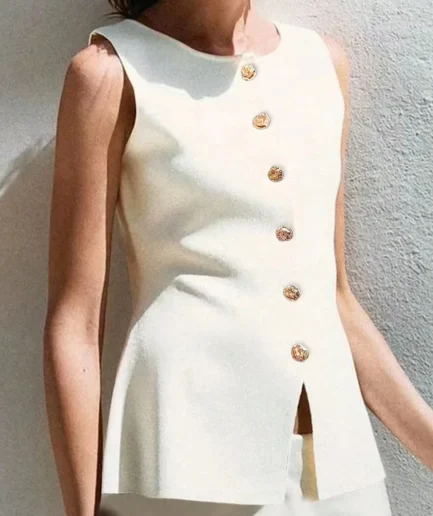 Women's Elegant Knit Vest with Gold Buttons  Slim Fit Casual Layering Piece for Effortless Style