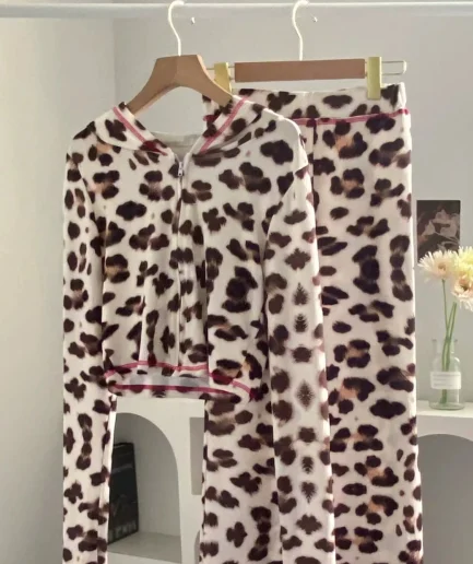 2pcs  Autumn Leopard Print Zip Front Hooded Top and Cheetah Print Pants Casual Suit, Spring/Summer Outfits for