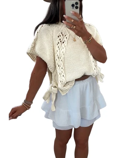 Women's Summer Chic Vintage Sweater O Neck  with New Hollow Tether Casual Woven Knit Tops with Decoration