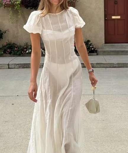 Women's Boho Sheer White Maxi Dress  Puff Sleeve Summer Holiday Outfit | Lightweight Beach Cover-Up for Vacation Resort Looks