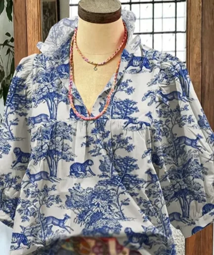 Vacation Plant Animal  Porcelain Pattern Fashion Women Casual Comfortable Short-sleeved V-neck Printed Shirt