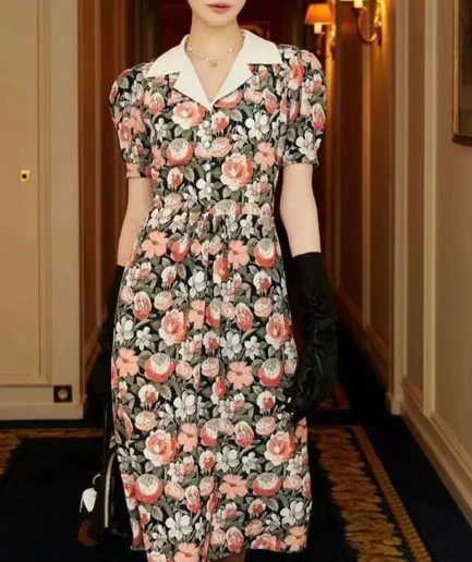 Vintage Floral Wrap Midi Dress Puff Sleeve Cottagecore Dress Elegant French Style with Lapel Collar Dress