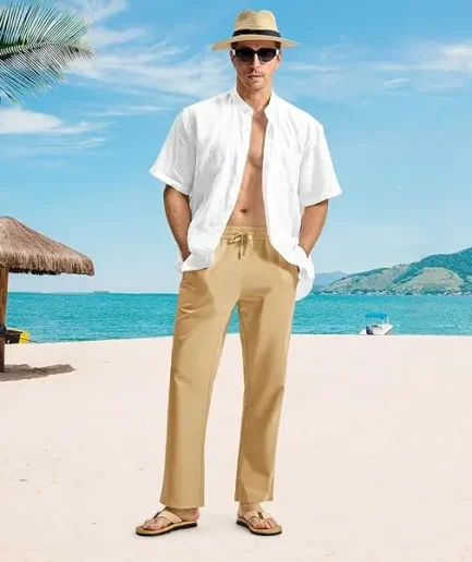 Men's Casual Pants with Elastic Waist, Drawstring, Lightweight Zippers and Pockets, Beach Pants, Sports Pants Trouser