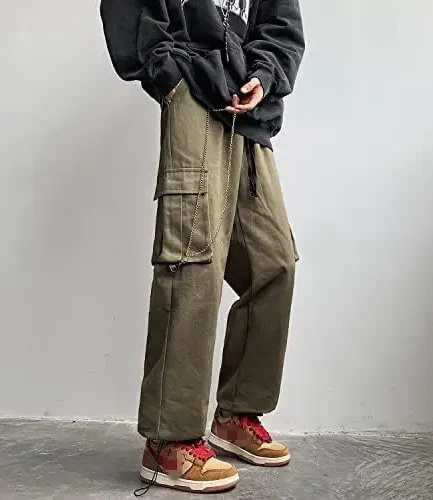Men's Work Pants Trousers with Chain, Gothic, Loose-fitting, Sports Running, Cotton Work Pants, Long Pants High Quality